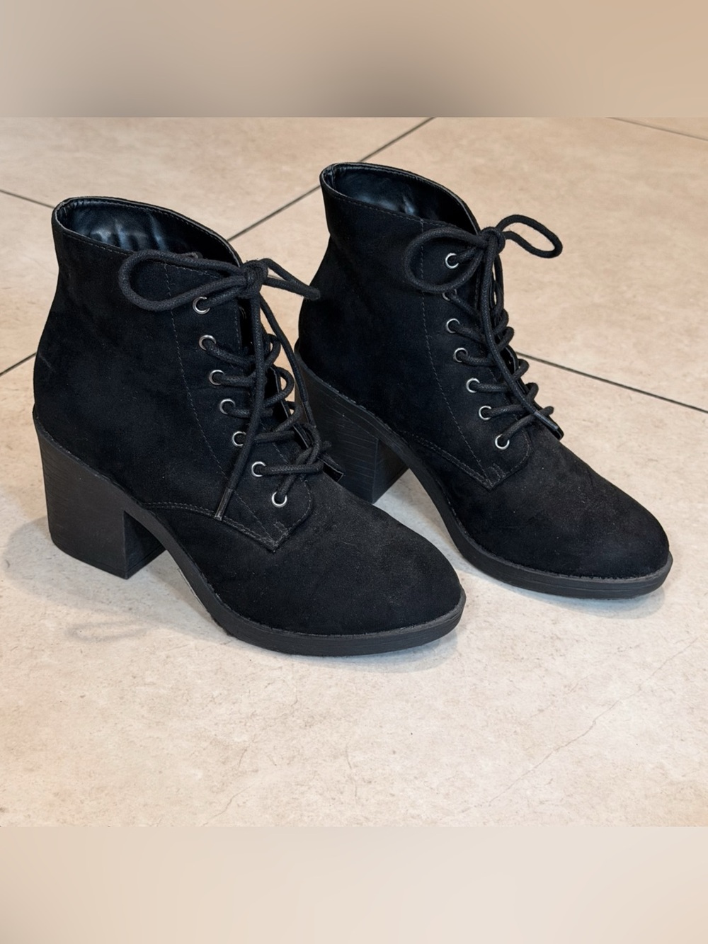 Forever 21 Black Faux Suede Lace Up Block Heel Ankle Boots